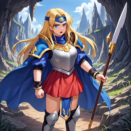 score_9,score_8_up,score_7_up,source_anime,5_figner,2d_animation,game cg,BREAK,1girl,solo,Sonya,blonde hair,long hair,blue eyes,blue cape,armor,headband,shoulder pads,breastplate,shoulder armor,shoulder armor,pauldrons,red skirt,knee boots,spear,
front view,standing,looking at viewer,serious,open mouth,angry,
Watergate,Cave,indoor,
masterpiece,best qualit,ultra-detailed,illustration,an extremely delicate and beautiful,beautiful detailed eyes,unity 8k wallpaper,high resolution,anime CG,official_art,