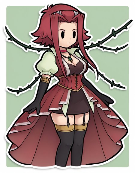 score_9, score_8_up, score_7_up, score_9 masterpiece, highres, green background BREAK
<lora:Paper_Mario:0.8> Black eyes, chibi, full body,  zettai ryouiki,
BREAK
<lora:akixl9:0.8>
solo 1girl,  white outline, akiza, black eyes, curvy, skindentation, busty, inner thigh,
akizalimiter, akizaskirttail, akizareg, puffy sleeves, red corset, choker, necklace, jewelry, black elbow gloves, high-low skirt, garter straps, thighhighs
BREAK
forest background, roses, thorns, vines, ivy, plant