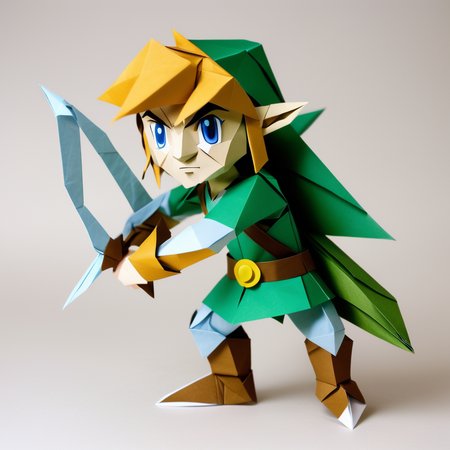 origami style A detailed paper model of Link from "The Legend of Zelda," battling paper monsters in a folded kingdom . paper art, pleated paper, folded, origami art, pleats, cut and fold, centered composition