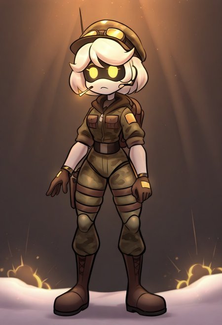 (masterpiece, high quality, highly detailed, best quality), SD-V, 1girl, solo, robot girl, humanoid robot, robot joints, hairband, short white hair, yellow eyes, solid circle pupils,
military smoking, military hat, war, trenches, explosions from behind, yellowish lighting, blaster in hand, snow
upper body, scated, confused
military, camouflage, solo, backpack, boots, hat, goggles, goggles on headwear, jacket, hood, bag, headset, camouflage jacket, gloves, holster, hood down,thigh holster, radio antenna, military, headphones, leggings, closed mouth, camouflage pants,