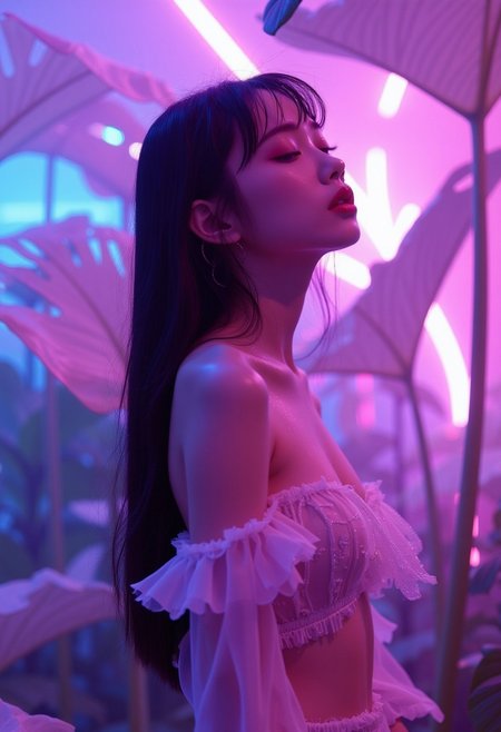 This is a digital artwork rendered in a hyper-realistic, photorealistic style. The image features a young Asian woman standing in a fantastical, neon-lit environment filled with large, ethereal plants. The woman, likely in her early twenties, has long, dark hair cascading down her back and bangs framing her face. She has a slender physique and fair skin. Her eyes are closed, and her expression is contemplative, with a serene, almost ethereal quality.