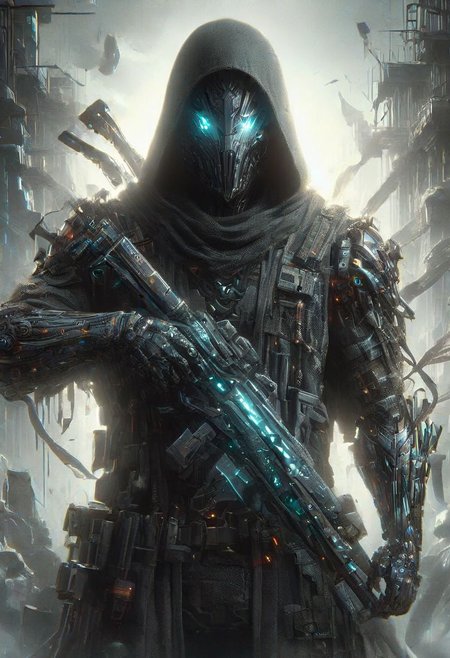 (((Ultra-detailed, Hyper-realistic, 8k, highres, masterpiece))),(full length highly detailed intricate cyborg demonic-skeletal) (tattered cloak),((highly detailed tech body,decaying parts, Intricate exposed wiring, exposed wires,exposed circuitry,electric glow)),((highly detailed cyber-skeletal head,signs of decay,exposed wiring, exposed wires,exposed circuitry,electric glowing eyes)),in a highly detailed Labratory background with Test tubes,holographic screens,covered in pulsing electricity,cyber setting,cinematic,realistic,science fiction,dark colours,background light,e,<lora:XL_Weapon_Sword_-_By_HailoKnight_2:0.8>,Wielding sword,<lora:add-detail-xl:1>,<lora:ArmorSuit_v01:0.8>, armorsuit,
