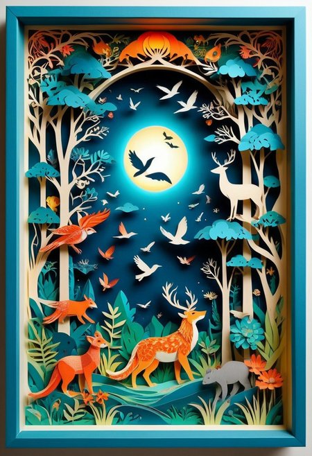 3D papercut shadow box of a parallel universe where animals have evolved to use technology, Patchwork Style, layered, dimensional, depth, silhouette, shadow, handmade, by various contemporary artists. 
concept-art, fantasy, epic, majestic, magical, dreamy, perspective, light and shadow, moody, epic, 
beautiful, painterly, aesthetic, textural, vivid, vibrant, intricate details, highly detailed, ultra-detailed, absurdres, 
aid291, ptchkrawk , Jed-pprct