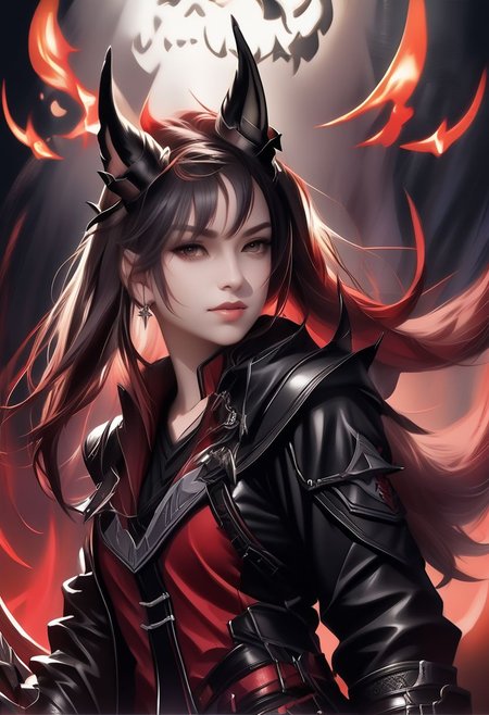 A horned female teen rogue wearing ((leather armor)), black suit, oni girl with wolf-ears, dangerous Kemonomimi waif, brunette assassin, tiefling thief, black hair, three small horns, [onii (Shuna, Hakurou) horns], tri-horn (masterpiece:1.5), (best quality), (disharmonic + ugly + unaesthetic:1.5)