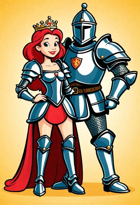 rubber_hose_character, cartoon, medieval princess and a knight in armor,