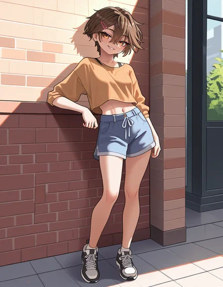 masterpiece, best quality, very aesthetic, absurdres,
outdoors, casual, 
full body, standing, posing, 
 seductive smile, parted lips, long eyelashes,
<lora:Sasha_v01_NAIXL:1>
S4sh4,1girl,solo,tomboy,short hair,brown hair,hairclip,hair between eyes,brown hair,bangs,