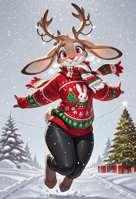 masterpiece, best quality, absurdres, rabbit, furry, female, antlers, christmas sweater, red nose, scarf, black pants, looking at viewer, happy, jumping, outside, snow, snowing, christmas tree, christmas lights, solo, <lora:Animal_Christmas-ILL:0.6> animal christmas