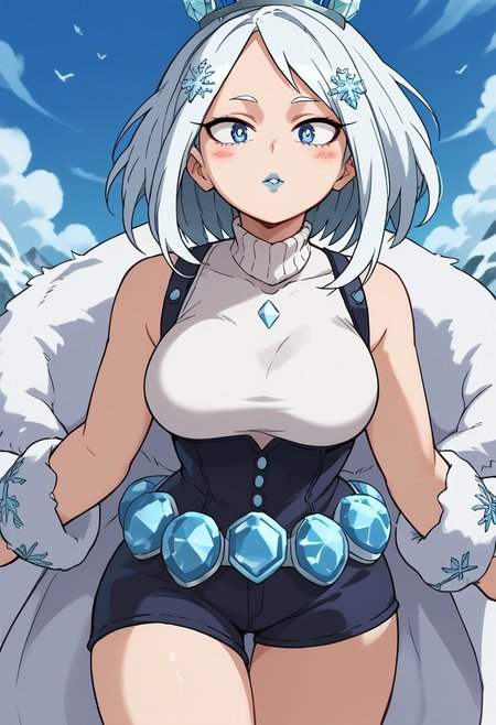 score_9, score_8_up, score_7_up, score_6_up, source_anime, ultra quality, anime screencap, closer view, (/my hero academia style), 1girl, white hair, medium hair, blue arrows, blue eyes, blue lipstick, snowflake hair clip, ice crown, white fur coat, white sleeveless turtleneck, white knee-high boots, black tights, black corset shorts, fluffy bracelets, ice ornaments, ice belt, wide hips, medium breasts, standing, close-up face