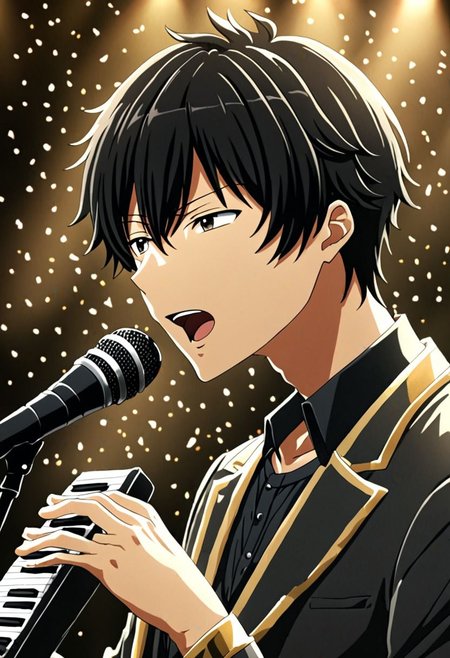 high resolution, solo, best quality, 1Boy, Seiya Kanie, black hair, short hair, thin, singing, portraits, dept of field, virtual concert, playing musical instrument, OverallDetail