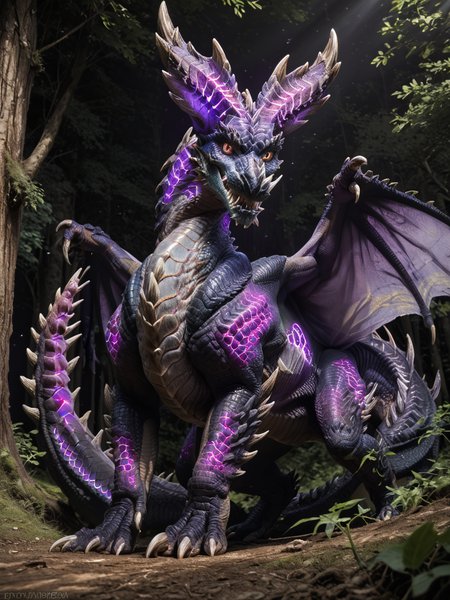 <lora:MH_Alatreon_a1_16_PonyXL:.8>, score_9,score_8_up,score_7_up, nature photography, (Close up, extreme closeup, extreme portrait:1.2),  low angle, front, 
alatreon,feral,(glowing purple:1.4),by smewed,(by claweddrip:0.5),solo,hi res,detailed background,forest, looking at viewer,extreme detail
,detailed eyes,tail,red sclera,yellow eyes,wings,hands on ground,
(dark background:0.8), (dark_lighting:1.8),  hardlight , bloom, translucent, subsurface scattering, sharp hyper detailed, (shiny glass skin:1.2), (ultra-detailed scales:1.1), glowing, <lora:RM_Enhancer_v1.0_bf16:.1> <lora:p:.2> <lora:Add_More_details_SD3:.5>