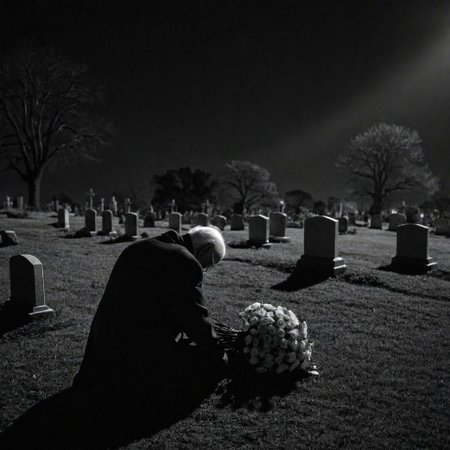cinematic, ((black and white, monochrome, greyscale)), from behind, photograph, of a depressed and lonely elderly man, mourning, hugging, his wife's headstone, loose bouquet of roses at his feet, in a dark, dimly lit, graveyard, at night, noise, detailed, high quality, cinematic lighting, contrast, heavy dynamic shadows, atmospheric, Nikon FA, 105mm, f2.8,
