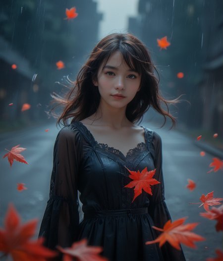(score_9,score_8_up,score_7_up),
photorealistic, photography, depth of field, cinematic,
looking at viewer,
in tokyo, night, dark background,
long transparent black dress, dress flapping in the wind, strong wind, storm, cinematic, small red leaves, red background,