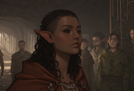 short pointy ears, piercings, random elf face, aquiline features, dark elf, dark elves, medium dark skin, weathered skin, large nose, animated realism, zoomed out, Syrian features, torso, brass pipes and gears, intricate architecture, dwarven masonry, dwemer fixtures, white-green light, gloomy lighting, ancient ruins, interior, stone tiled floor, grey-blue skin, mahogany and ivory clothes, medium armor, bone plate armor, ivory straps and fittings, grey wood neckguard, dark red sclera, black pupils, distant mushroom forest, blue-green light, neon, highly detailed, defined features, looking at viewer, three quarters view, from front, dynamic lighting, 36 years old, light and shadows, patterned cloth, annoyed expression, expressive eyes, detailed medieval clothes, medium_breasts, cropped hair, wavy hair, thick hair, beaded hair, braided hair, under cut hair, semirealistic, alien elf, spanish features, jewish features, black hair, dark red hair, umber skin, sharp features, pastel green berber print cloak, nighttime, high detail, absurdres, pretty eyes, detailed eyes, red eyes,