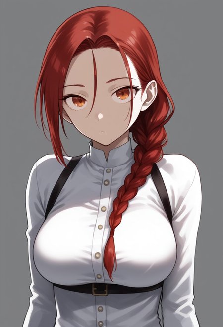 solo, 1girl, androgynous, looking at viewer, red hair, ponytail, braided ponytail, expressionless, large breasts, mid movement, dynamic pose. rinjuu,
