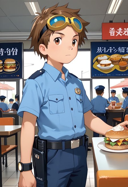 score_9, score_8_up, score_7_up, zPDXL2, 
,
1boy, solo, goggles on head, brown hair, male Japanese Summer Police Uniform,light-blue collared shirt, rank slides,hip holster,
Fast Food Restaurant