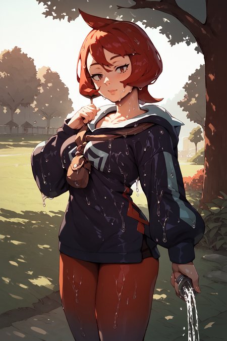 arezu, pantyhose, short hair, red hair, gradient legwear, cowlick ,in an open field, pouring rain, wet skin, wet body, wet hair,<lora:RD-MAnon-XLV1.1:1>, outside, in a park,  <lora:Arezu_pokemon:1>, , source_anime, score_9_up, score_7_up, score_8_up
