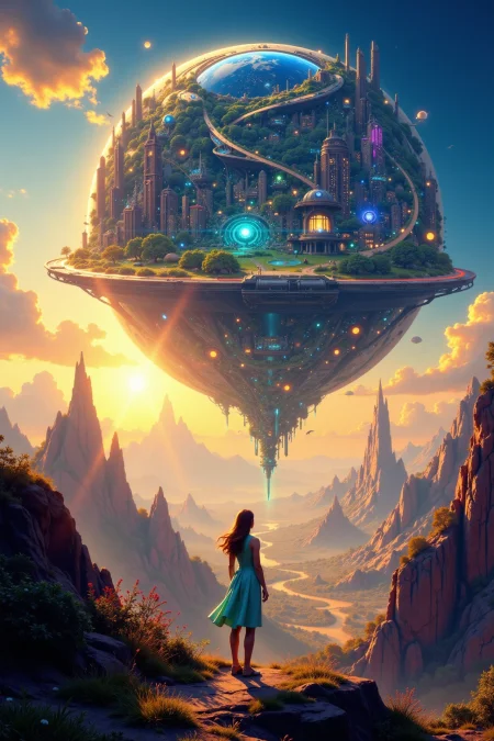 a futuristic planetary city beautiful  landscape, early morning, woman, very intricate, very detailed, sharp, bright, colorful, <lora:Hand v2:0.5> <lora:Anti-Blur:1><lora:Insane Detail Slider:0.25>  <lora:flux.1_lora_flyway_Epic-detail_v2:0.3> <lora:fluxenhancer:0.25> <lora:ROWER:0.8>  <lora:Anime art - Variant 2:0.6>