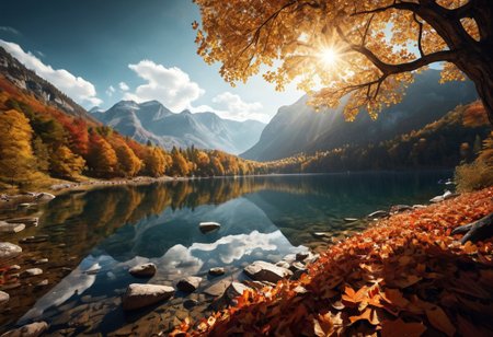 Breathtaking views, nostalgia, detailed landscape, captivating, a harmony of nostalgia and innovation, great lighting, Nature, autumn leaves, fall, forests, A vast lake surrounded by mountains, a beautiful vast lake, with an apple tree in the center of the lake, sun, sunlight, beautiful rivers, double exposure, beautiful view, mysterious glow, beautiful clouds, depth of field, masterpiece, best quality, 8k, ultra-detailed, very aesthetic, illustration, superb composition, finest details, intricate details, absurdres, high contrast, RAW, concept art,