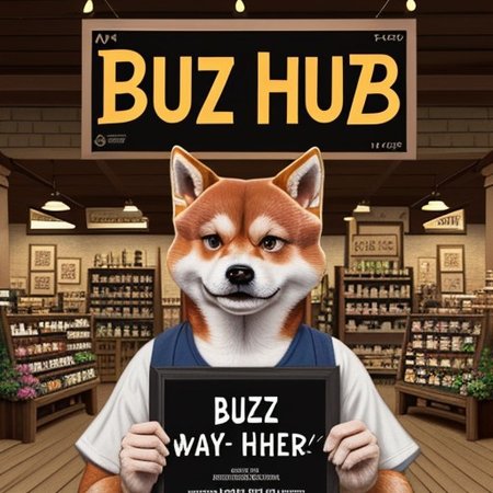 (Red Shiba Inu),
((A poster that says "buzz")),
Shiba inu in a shop as a shopkeeper, 
A poster,
Text that says "Buzz", 
Tavern, inn, shop, dungeons and dragons, holding sign,