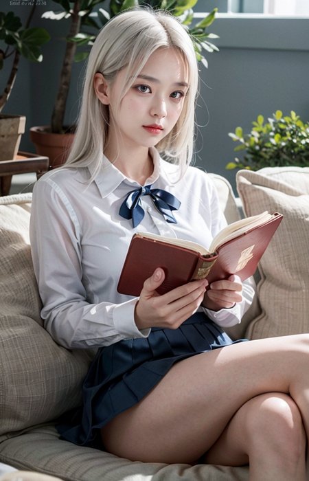 cinematic photo break. white hair,
"A close-up portrait of a 17-year-old girl with flowing white hair, sitting attractively with her legs crossed while reading a book. She is wearing a crisp white shirt and a stylish pink school uniform mini skirt. The scene takes place in a bright and relaxed atmosphere, reminiscent of a wonderful life by the Aegean Sea, with sunny weather in the background featuring a blue roof and white walls. Her expression is focused and content as she immerses herself in the book, with her white hair cascading around her, creating a cozy and inviting ambiance."
<lora:Better_Pose:1>  <lora:fluxenhancer:1> <lora:sparklycism:1>, <lora:Tangbohu_real_style_FLUX_type_A:1>, 35mm photograph, film, (bokeh:1.3), professional, 4k, highly detailed