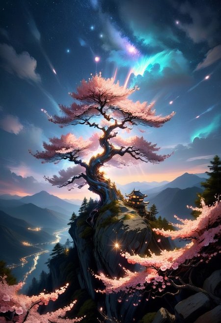 score_9, score_8_up, score_8, full color painting of lone ancient sakura tree, solo, one tree,  over mountain edge, on the top of mountain, pink blossom, petals on the wind, far view, night time, stars in the sky, comet, landscape, dramatic lights,  sparkles around, insane details, intricate details, hyperdetailed, soft cinematic light, dim colors, exposure blend, hdr, faded