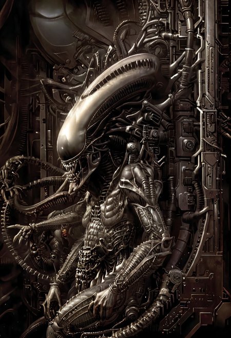 An insanely Detailed Divine Xenomorph, Golden and silver in color, cyberpunk, a crimson tinge to the golden color, Hyperdetailed, Omnipresent, Beautiful, Sinister overtones, otherworldly,by HR Giger