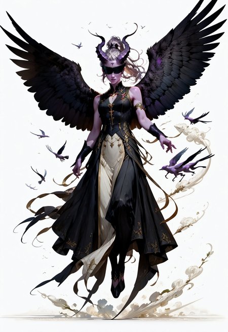 (absurdres, best quality, masterpiece:1.4), 
score_9, score_8_up, score_7_up, score_6_up, 
detailed, 
detailed body, 
detailed face, 
(((smooth skin, unbroken skin, detailed skin))), 
fantasy, 
alone, 

female, 
tiefling, 
h0rns, 
ram horns, 
black horns, 
tall, 
((((purple skin)))), 
((long grey hair, ponytail)), 
(((wingsd, black wings))),

floating, flying, hovering, weightless, 

(white robe, sleeveless, 
blindfold, black cloth blindfold), 

(((white background, plain background))), 
full body, 
front view, 