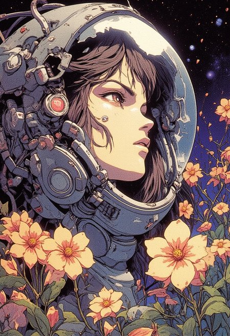 A young woman inside a space helmet, 
gazing thoughtfully. 
She has wavy dark hair, and the visor of her helmet is clear, showing her serene expression. Around her,  peach-colored flowers, creating a contrast between the soft, delicate blooms and the hard, futuristic space helmet. The background is a cosmic, starry scene, blending elements of nature and space