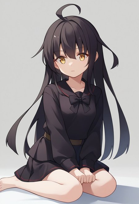 score_9, score_8, score_7, source_anime, mikazuki (kancolle), full body, closed mouth, small breasts, upper body, sitting, black shirt, skirt, bow