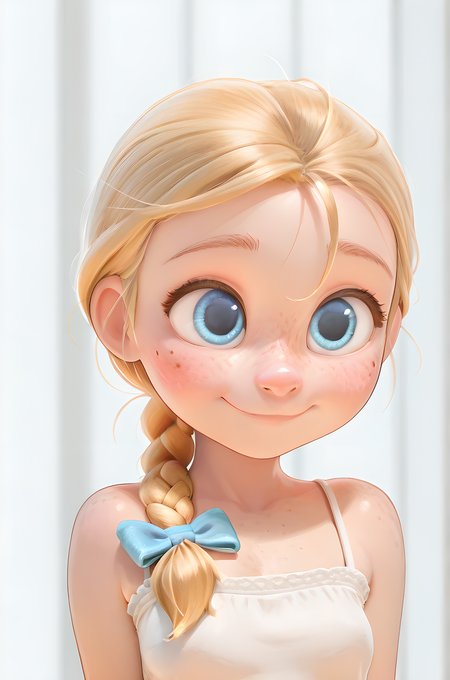 masterpiece, best quality, amazing quality,
 <lora:DisneyStudios_style:1>
1girl, solo, light blue eyes, blonde hair, single braid, cute, big eyes, small nose, freckles, hair bow, small breasts, upper body,
blush, smile,
