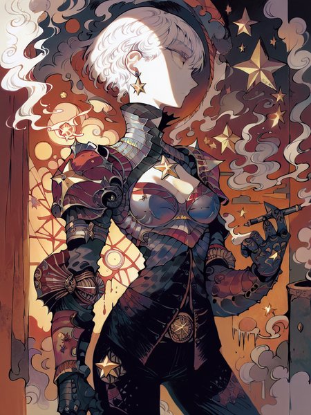 score_9, score_8_up, score_7_up, score_6_up, score_5_up,    <lora:MONXLP:1> mon, 1girl, solo, short hair, earrings, jewelry, white hair, armor, gauntlets, profile, cowboy shot, star (symbol), smoke, shoulder armor, holding, pauldrons, pants, breasts, black pants