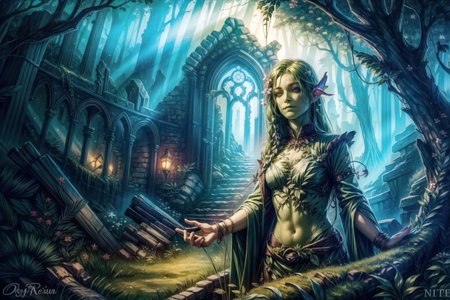 <lora:FantasyRuins:0.8> FanRu, sinister fantasy world, ruins, overgrown,  <lora:dryad:1> dryad, green skin, plant girl, looking at viewer, best quality, masterpiece, <lora:more_details:0.65>, 1girl, solo