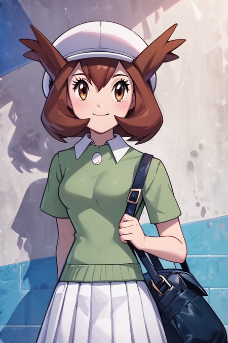 score_9, score_8_up, score_8, medium breasts, (curvy), cute, eyelashes,       BREAK, , zzBianca, brown hair, brown eyes, medium hair, hair between eyes, short sleeves, green shirt, collared shirt, white hat, skirt, white skirt, <lora:Bianca_PokemonHeroes_PDXL_v2:0.7>,, BREAK, closed mouth, alternate costume, smile, looking at viewer, collared shirt, blush, sweater, black skirt, eyelashes, long sleeves, sleeves past wrists, plaid skirt, shoulder bag, black bag, blurry, tile floor, pleated skirt, white shirt, cowboy shot,  embedding:zPDXL, Expressiveh,  <lora:Vivid:0.7>,  <lora:Uncensored_PonyXL_cpt_v02.09:0.4>,  <lora:Expressive_H-000001:0.4>,