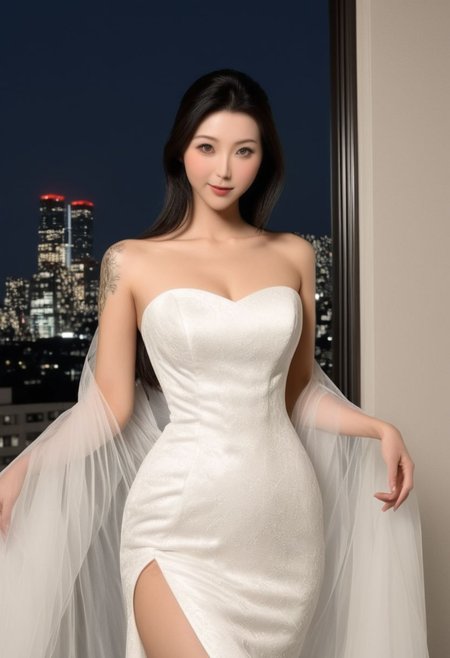 FOTOREALISTIC, night, long_straight black hair, beautiful japanese_lady, tall, white_japanese_weddingdress_with_large_red_disks, apartment, background window_tokio at night,  score_9, score_8_up, score_7_up, score_6_up, score_5_up, score_4_up, UHD, 8K, masterpiece, ultra-realistic, Ultra detailed photorealistic background, photoreal, realistic high detailed beautiful face, anatomic correct bodies, ultra_high_resolution, Extremely Realistic, lots of detail, emty_hands, hands_hidden.