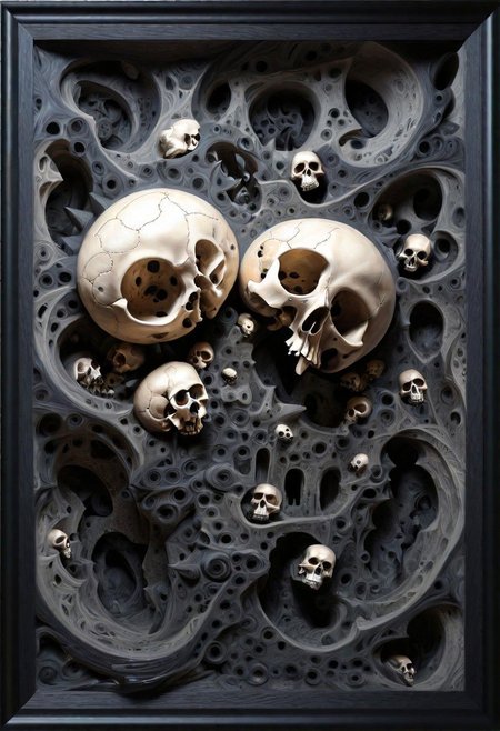 skulls, in the outta realms of your mind, abstract details, distinctive visuals, Intricate, (3D Framed, Skull)