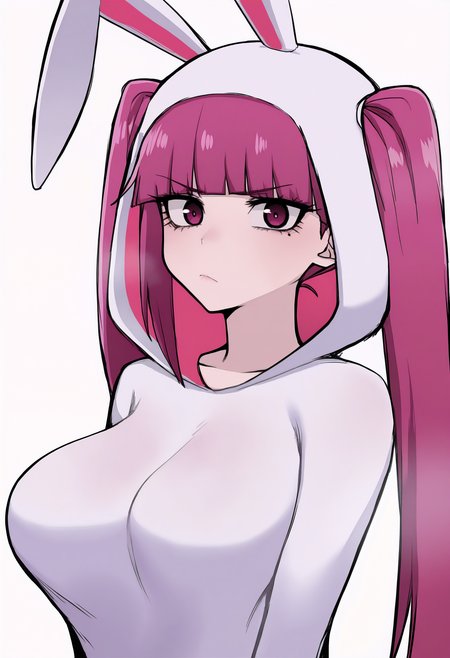 1girl, solo, dokugamine riruka, animal costume, white costume, rabbit ears, twintails, rabbit costume, 
masterpiece, best quality, <lora:chihel-guy90-Illust-Lycorisv1:1> lehihc