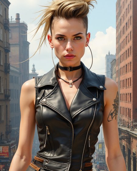 punk woman in leather vest with hair shaved on sides and spiked on top, tough in industrial city,  masterpiece, 2D, watercolor