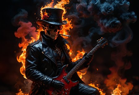 ((masterpiece)), 8k, highly detail, intricated detail, shallow depth of field, epic, HDR, vibrant color, vibrant detailed, volumetric lighting, cinematic lighting, dark, night, hard rock vibe, octane render, full body, knight jack wearing a tophat and black glasses playing guitar on fire and slowly turn into flame, smoking cigarette, cigarette, top hat with red rose, black glasses, heavy metal jacket, heavy metal pants, heavy metal boots, rocking the inferno, blue flame, red flame, smoke with a shape of black rose,  <lora:zavy-cntrst-sdxl:0.9>, <lora:mini_lora:0.48>