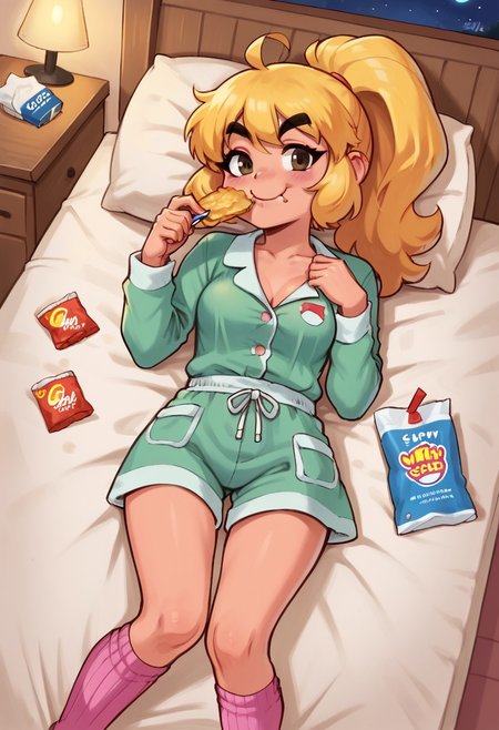 score_9_up, score_8_up, score_7_up score_6_up, 1girl, Goombella, pink skin, blonde hair, ponytail, thick eyebrows, small breasts,
BREAK
jyojifuku, green pajamas, pajamas pants, pink socks, (painted art), (on the bedroom at night), laying on the bed, holding a snack bag, eating a chips, smiling,
BREAK
 cowboy shot, dutch angle