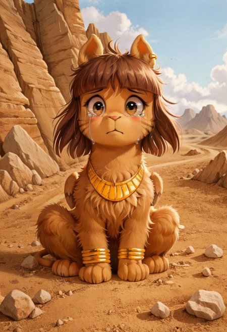 full body, ((solo)), furry, fluffy, fluffy fur, perfect eyes, zPDXL3, ((action_pose:1.5)), sfw, 

cute female furry feral chibi m4gp1e, sitting, sad, crying, tears, blushing, rocks, source_furry, m4gp1e, sphinx, feral, jewelry, bracelets, wings, smiling,

(((outside desert mountain))),  

(high detailed face), (high art quality), (high detailed), 4k, (high resolution), (8k resolution), masterpiece, best quality, ((scenery)), detailed background