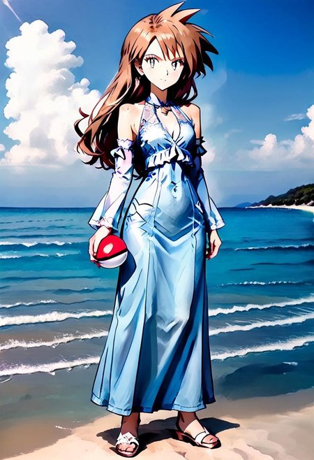 { full body, forest background, standing, FemGary:2.0, 1woman, solo, full body render, detailed facial features, full-length dress, long dress, lace, bare shoulders, detached sleeves, flowing ankle-length dress, flwdrss, holding a pokeball, standing on a beach, standing on a sandy beach, in shade:1.5, }
waves in the distance, ocean, sunset, ocean sunset, choppy water, light cloud cover, detailed environment, detailed background, 
pks, pokemon, 4kFacePonyXL,