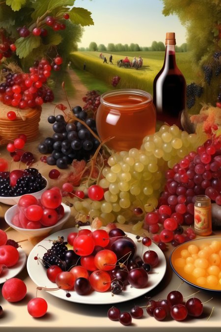 <lora:Jan Brueghel Style:1>Jan Brueghel Style - ery big salad of Currant Almond Chokeberry Cornelian cherry Common bergamot plant Honey berry Japanese kwee 6 dutch farmers having picknick around table in foodforrest high quality high detail in style painter Rembrand van Rijn