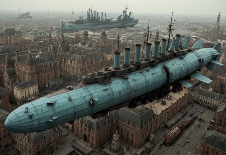masterpiece, best_quality, very_aesthetic, highres, absurdres, ultra detailed, airship,  battleship, steampunk, Victorian, 
flying over Victorian city,
 airship, vehicle focus, no humans, military vehicle, military, science fiction, aircraft flying, radio antenna, cannon, machinery,rocket launcher,
dark iron, (light blue vehicle), 
spiral, pipe ,rivets, ,wire,