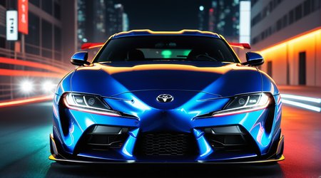 symmetrical,toyota supra <lora:Supra:0.6>,high detailed,best quality, front view bonnet,shining headlights,night neon city,closeup