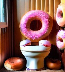 d0nu71f13d, a photorealistic image of a cat made of doughnuts sitting on a toilet made of doughnuts, cinematic lighting, absurdres, donuts, vibrant colours, 