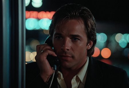 cinematic film still Sonny Crockett, MiamiVice, closeup, night, city lights, bokeh, phone booth, telephone . shallow depth of field, vignette, highly detailed, high budget, bokeh, cinemascope, moody, epic, gorgeous, film grain, grainy