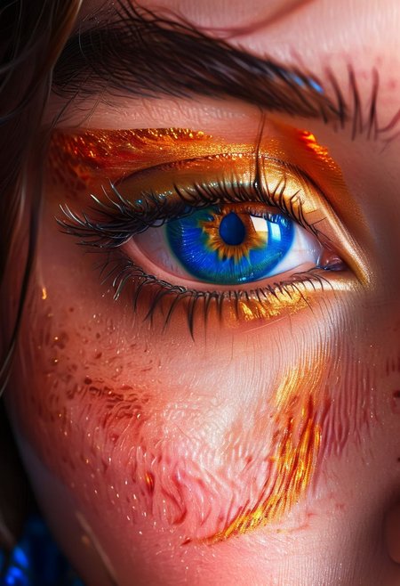 Woman, body art, hyper realistic eye, Satin Sheets Gold, Sapphire Blue, Peacock Blue,  skin, close-up, chaotic, flaming, skin texture, pulsating, cinematic angle,