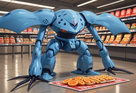 score_9, score_8_up, score_7_up, source_anime, front view, BREAK,  ( hygogg, blue_hygogg_armor, pink monoeye, from side, looking at viewer, long arms, very long arms, long claws) 1mech, blue mech, wide mech, large shoulders, large shoulder armor, mech focus, solo, BREAK, two arms, in grocery store, grabbing food, between aisles, making mess, food on floor,