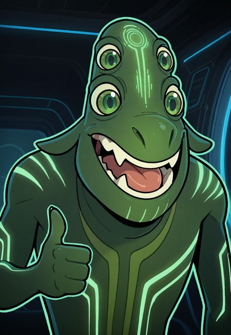 score_9, score_8, score_7, score_6_up, (alien, monster, green skin, green eyes, teeth, fangs, tongue, smiling, snout, glowing markings, multiple eyes, male,) male only, solo, thumbs up, illustration, 2d, thick outline, cartoony, shading, interior, spaceship, neon glow, 4fingers,