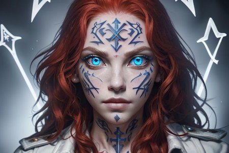 bright red hair, human female, (feminine:1.7), (beautiful face, detailed face:1.6), (beautiful eyes, detailed eyes:1.7), (looking at viewer, eye contact, intense:1.6), (long hair, red hair, curly hair:1.3), , ((masterpiece, best quality, high resolution, realistic, best quality,)), photo realistic, Perfect Face, (detailed face). <lora:GoodHands-vanilla:0.6> <lora:add-detail-xl:0.8>, mage, (Dress White military uniform coat), dagger, rune dagger, glowing runes, , (((glowing magic symbols tattoos, religious tattoos))), ((face tattoos)), glowing tattoos, stone tower in the background